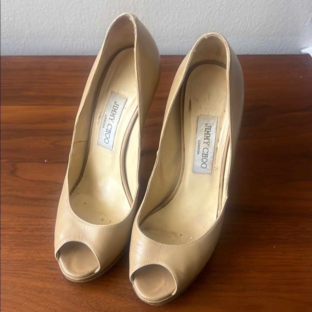 Jimmy Choo Tan Peep Toe Heels